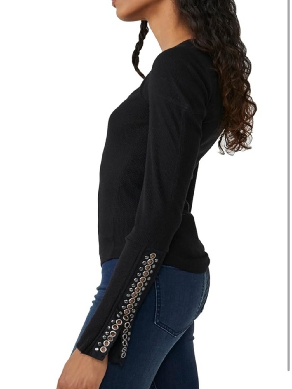 Free People Waffle Black Long Sleeve Top with Grommet Flare Cuff XS